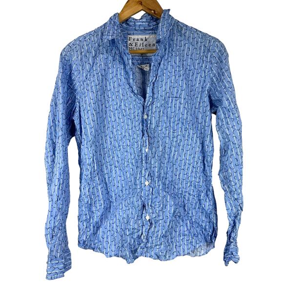 Frank & Eileen Barry Button Up Crinkle Blue Floral Women's Size Large EUC - Picture 1 of 8